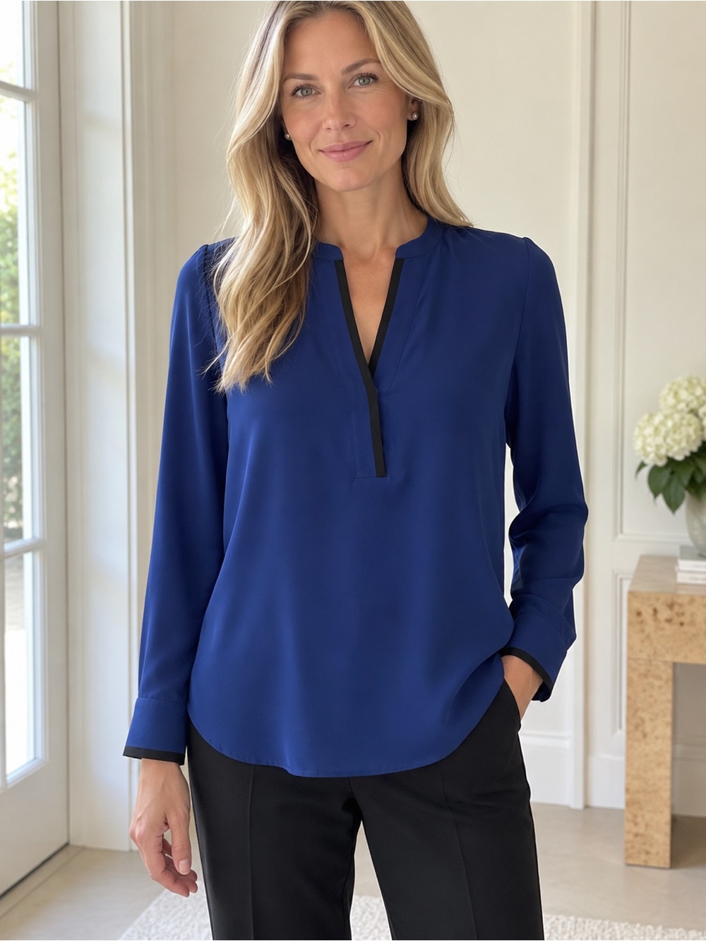 Vince 100% Silk Navy Blue Blouse Black Trim Split Neck Size 6 - Runs Small